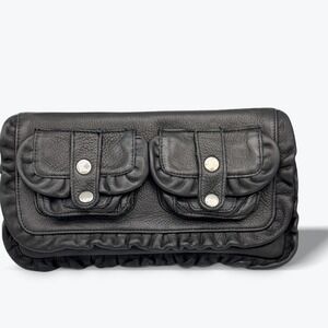 Treesje Leather Flap Clutch 80s Inspired Handbag‎ Black Ruffle Evening Bag